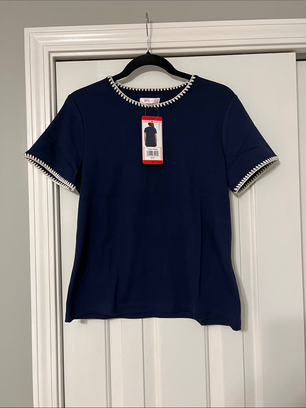Women's Navy Short Sleeve Top with Cream Contrast Embroidered Trim NWT